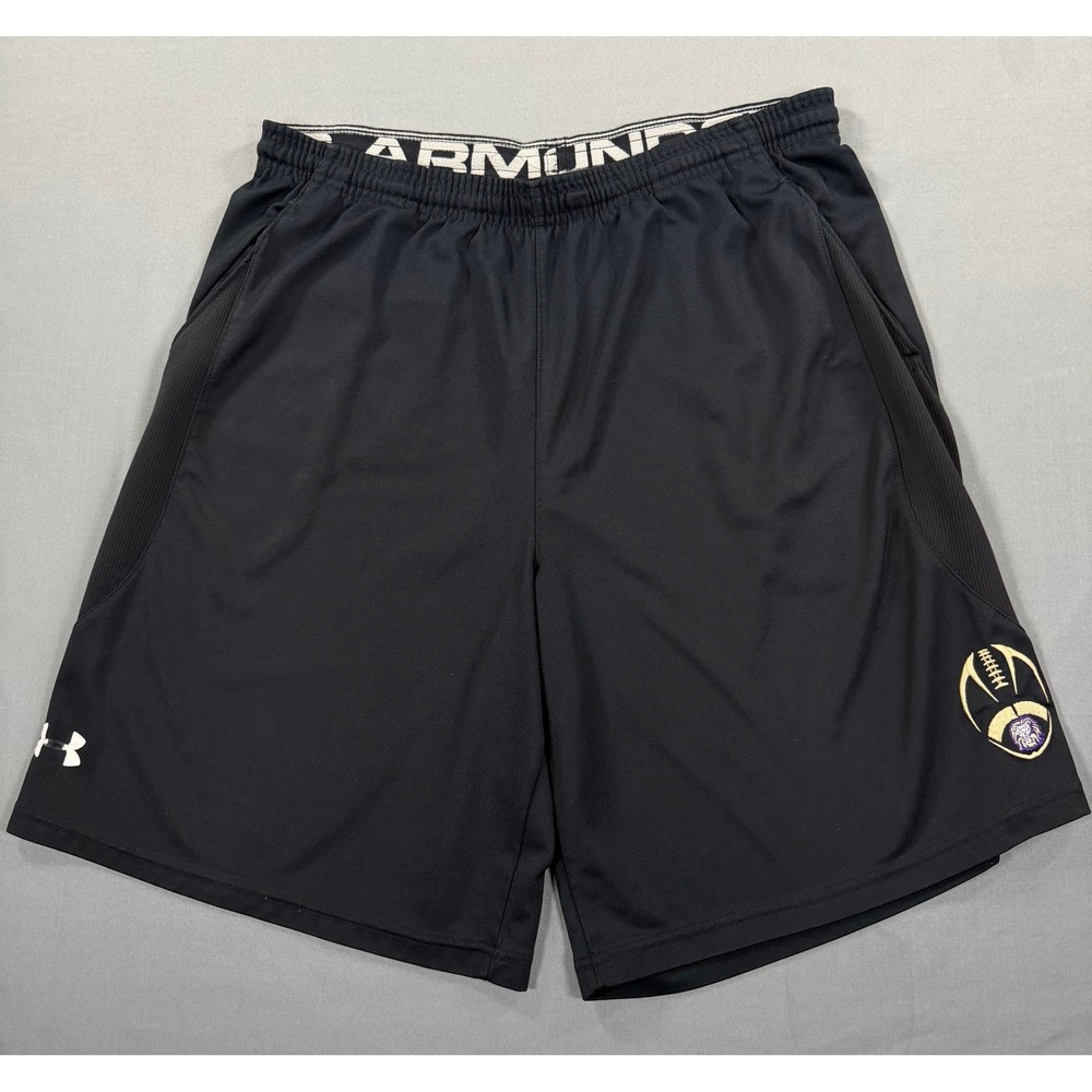 Under Armour Mens Medium Black Football Team Issued Athletic Shorts Lion Logo UA